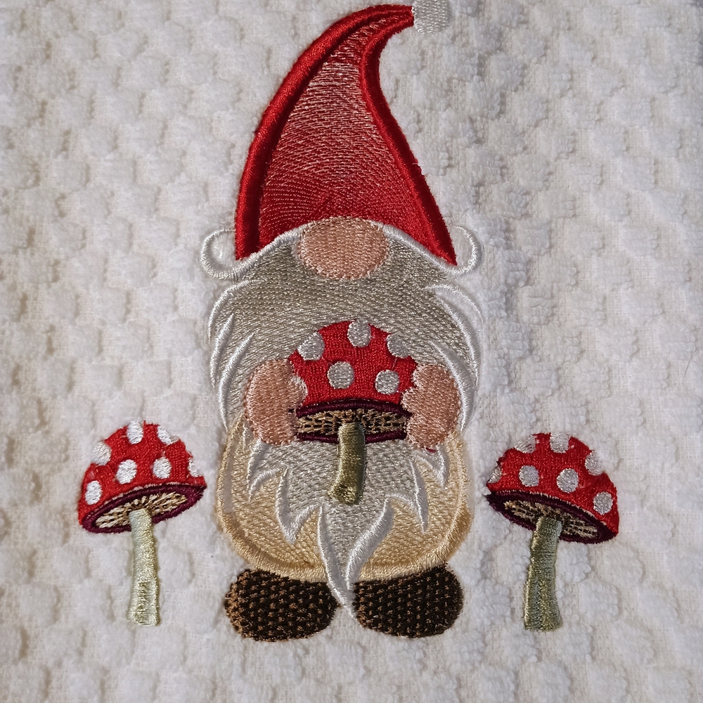Gnome Embroidered Kitchen Towel - Red and White